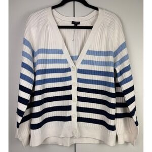 Talbots Plus Womens 1X Blue Striped Ribbed V-Neck Button Front Cardigan Sweater